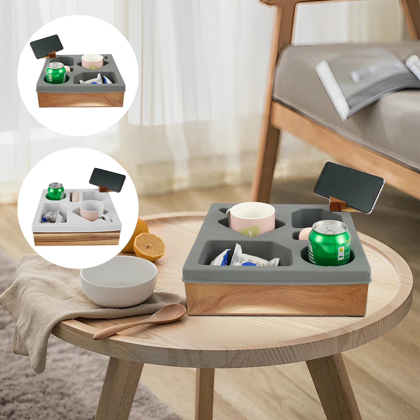 

Couch Cup Holder Tray 10×10×3 Inch Silicone Couch Drink Holder with 360° Swivel Stand Waterproof Wooden Couch Cup Holder