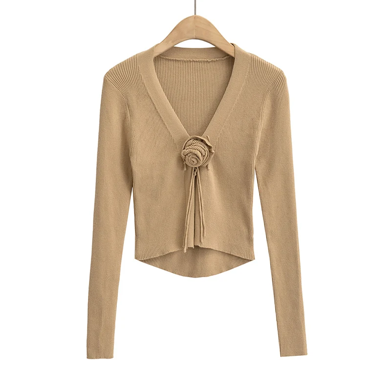 Korean fashion crop cardigans v neck sexy cropped sweaters for women 2023 Winter long sleeve top black cardigan Rose crochet