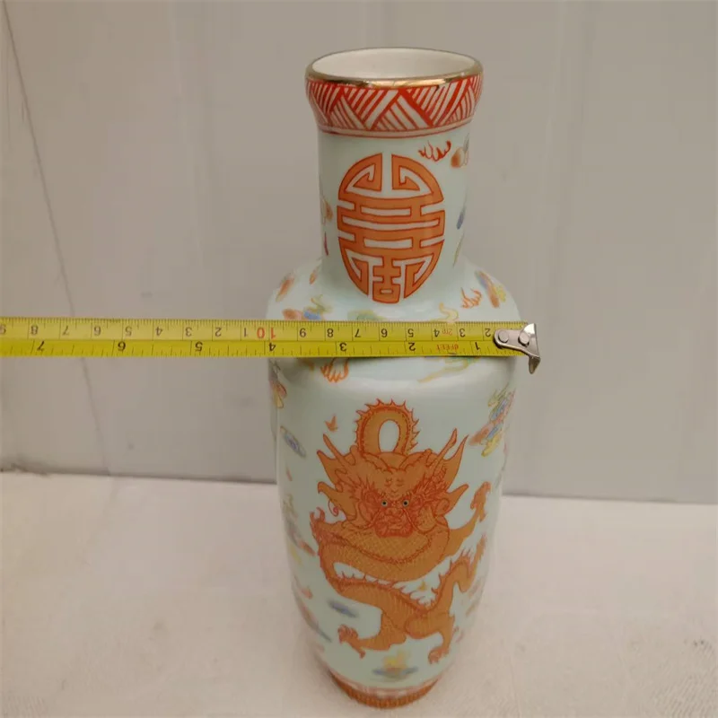 China Old Porcelain Vase with Enamel Green Background Double Dragon Pattern Traditional collectibles  Artwork