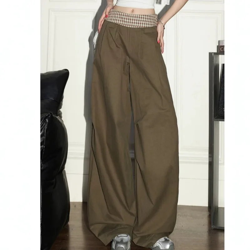 Unique Checkered Patchwork Army Green Pleated Wide-leg Casual Pants Women Retro High-waisted Laid-back Drooping Versatile Pants