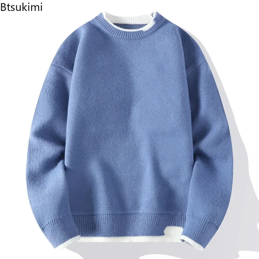 Men's Flat Knitted Solid O-Neck Sweater Spliced Long Sleeve Pullovers Winter Standard Wool Loose Slight Strech Basics Sweater