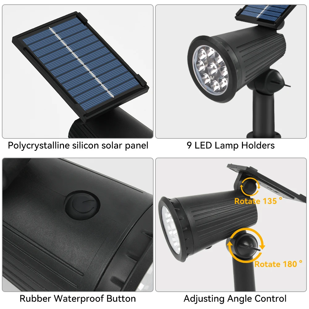 Outdoor Solar Lawn Spotlight 9LED Brightness Adjustable Solar Landscape Lights Waterproof Garden Backyard Lawn Light Decotation