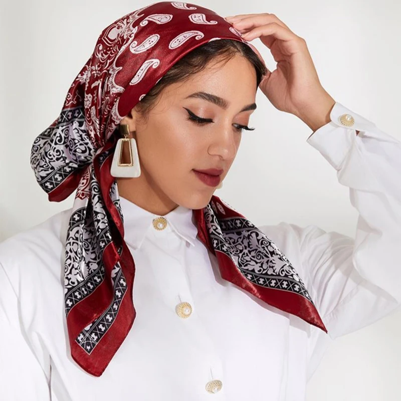 90*90 ซม.ซาตินผ้าพันคอสแควร์ผู้หญิง Hijab Paisley Cashew พิมพ์ผ้าไหมผ้าพันคอ Neckerchief Shawl Wraps ผมอุปกรณ์เสริมผ้าพันคอ