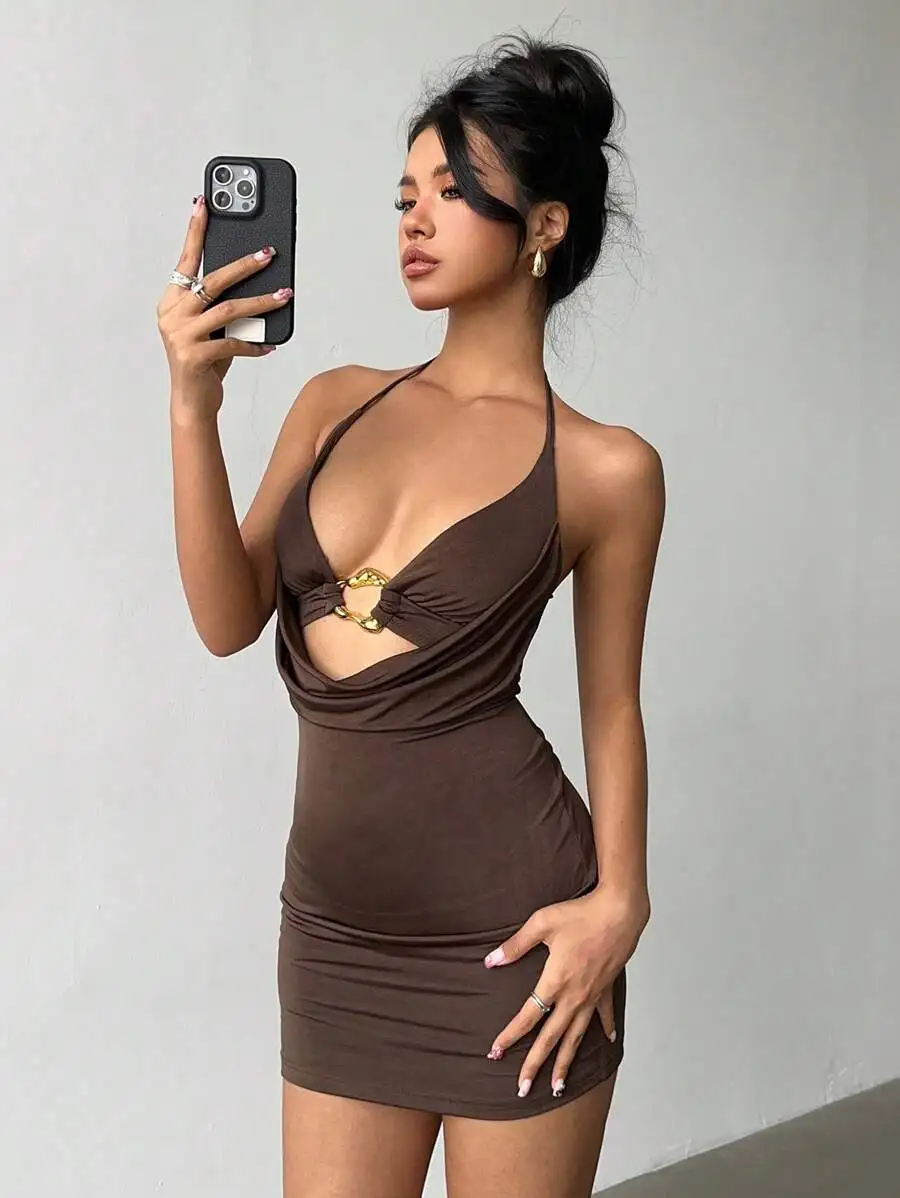 

Brown Halter Neck Knitted Mini Dress with Cutout Detail for Party