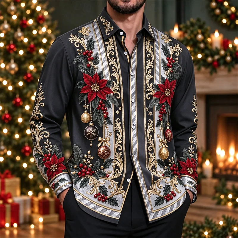 New men's shirt with beige symmetrical Santa Claus gold scroll grass pattern, magenta pine cone print, slim fit shirt