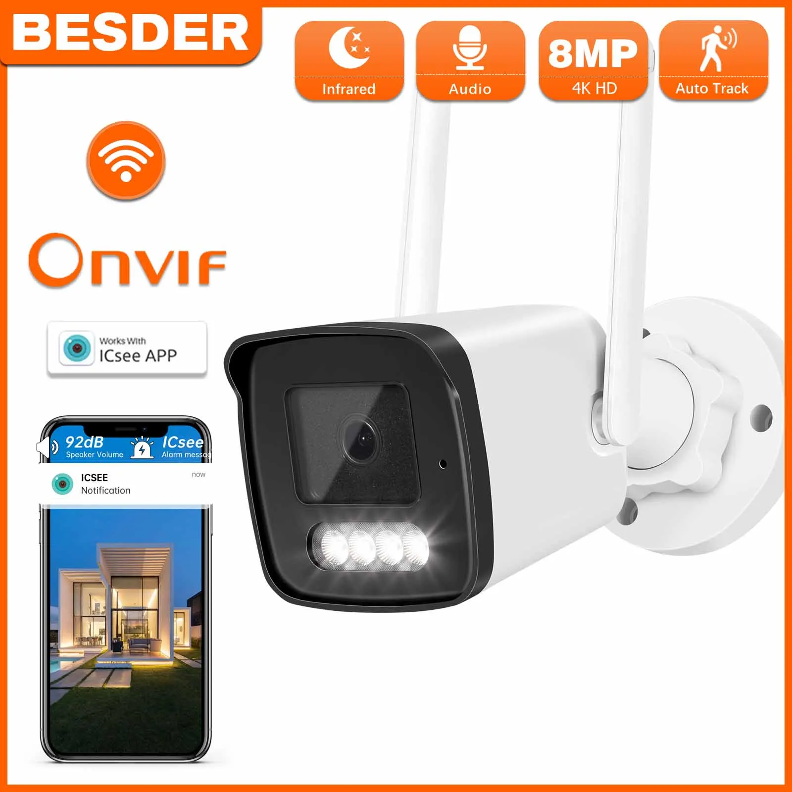 Besder 8mp Audio Bullet IP-Kamera WiFi Wireless Ai Mensch erkennen icsee 4k CCTV Outdoor-Überwachungs kamera mit SD-Kartens teck platz