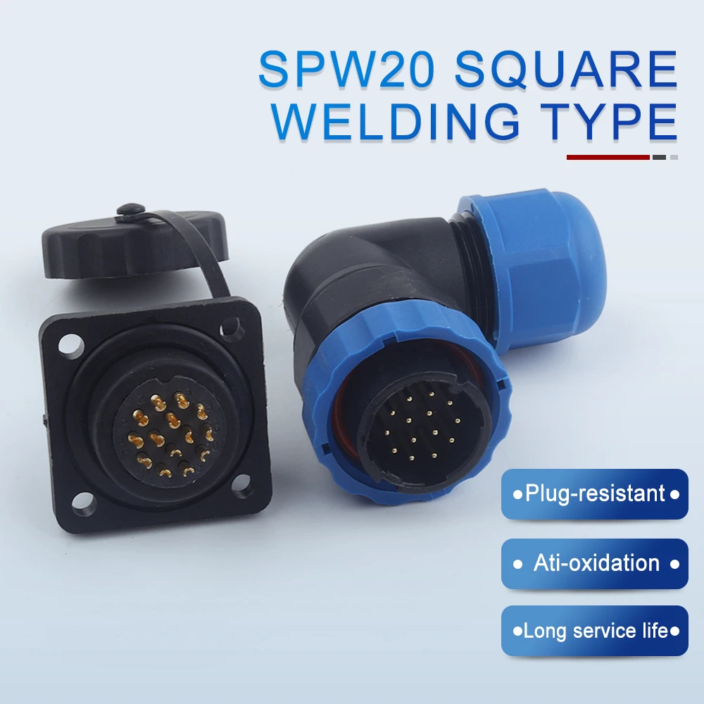 

SP20 IP68 Elbow Waterproof Connector 1/2/3/4/5/6/7/9/10/12/14 Pin Outdoor Square Panel Mounted Industrial Aviation Plug Socket
