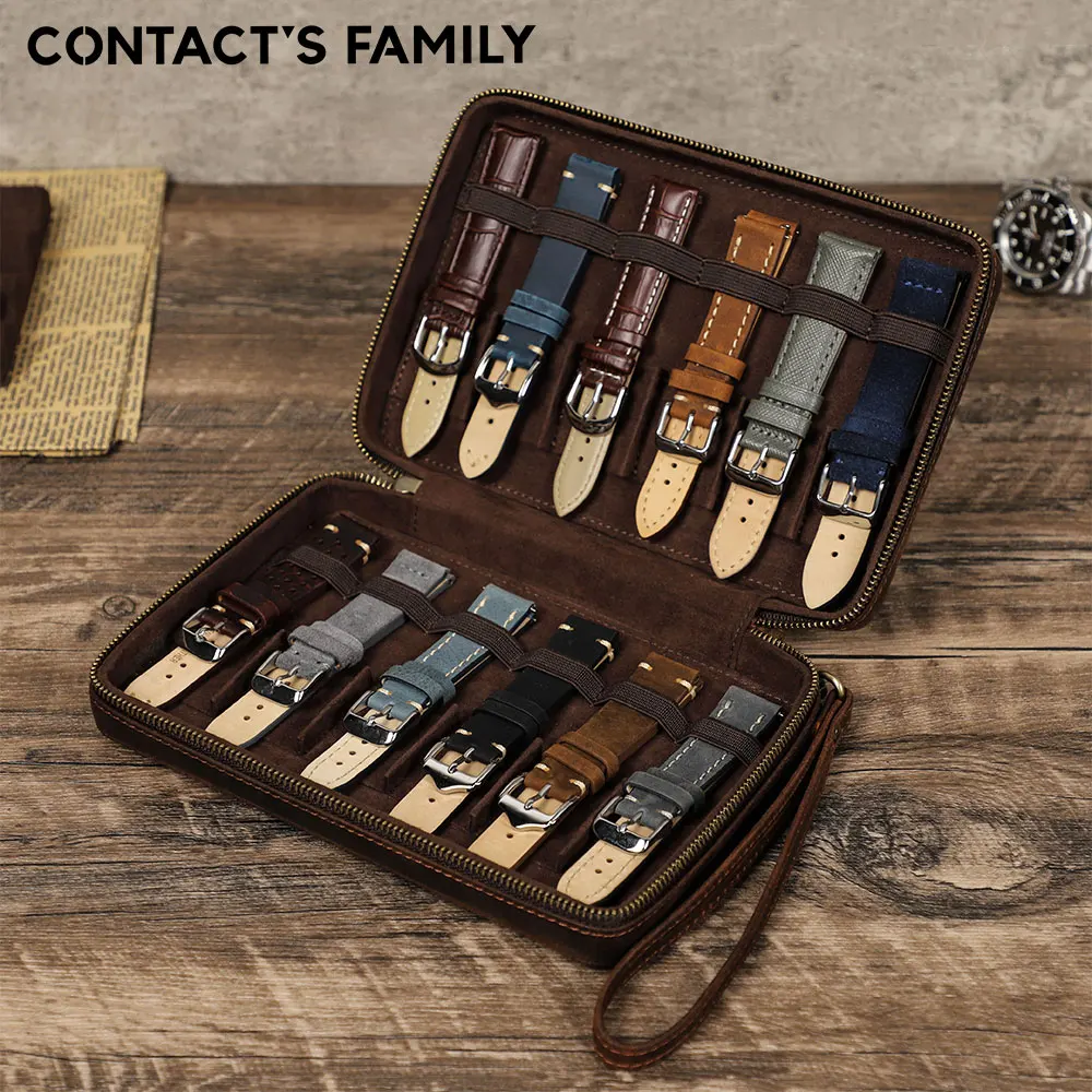 CONTACT\'S FAMILY Genuine Leather Intelligent Watch Strap 12 Slot Storage Box Watch Band Bag Watchband Holder Bag Portable Case