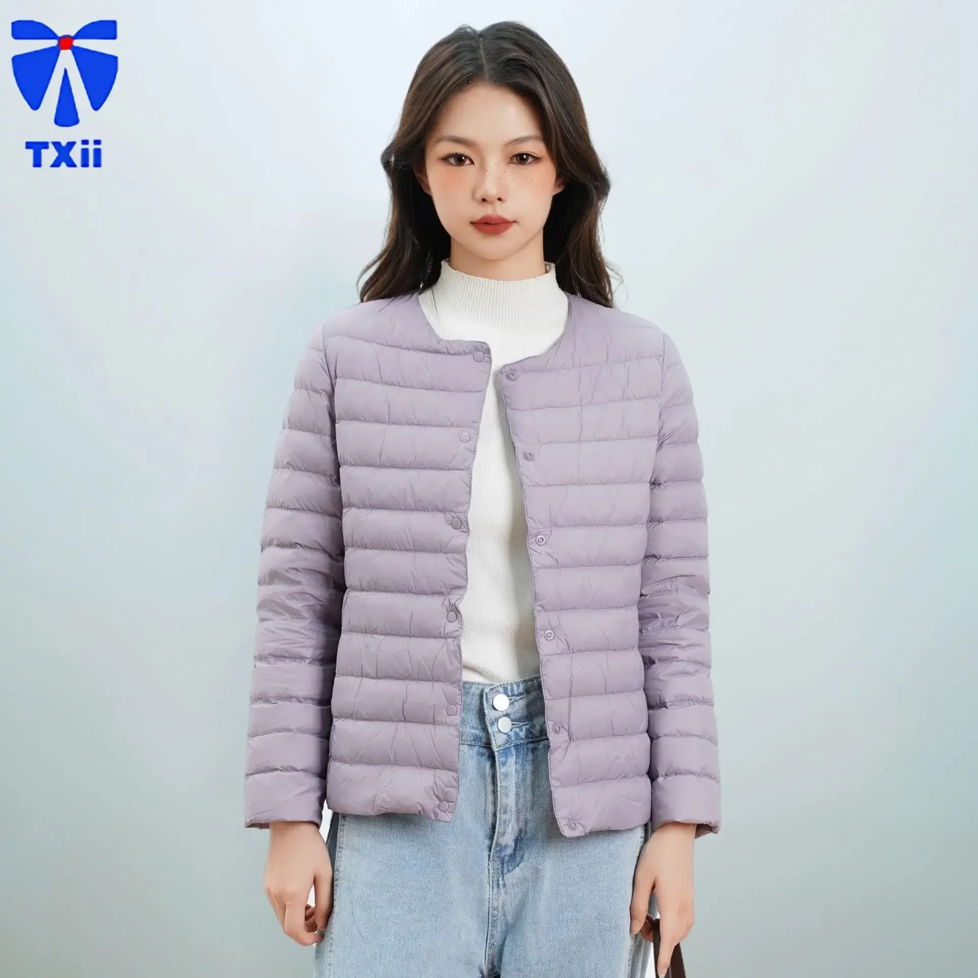 TXii New Fashion 2024 New Women's New 90 White Duck Down Solid Color Women's Crewneck V-Neck Simple Long Sleeve Down Jacket