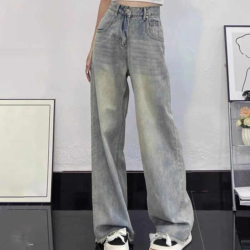 Pantalones vaqueros de pierna ancha de otoño, nuevos pantalones largos para mujer, pantalones de pierna recta Retro, pantalones vaqueros informales versátiles de cintura alta