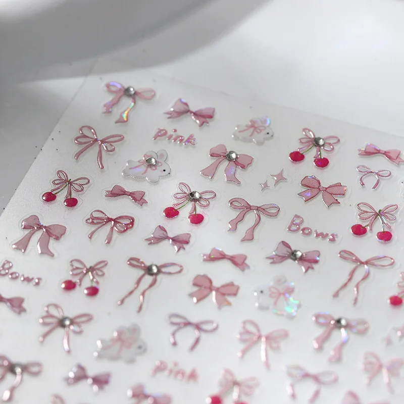 1pcs Lovely Pink Bule Line Bowknot 3D Self Adhesive Nail Art Decorations Stickers Ribbon Cherry Cute Rabbit 5D Manicure Decals