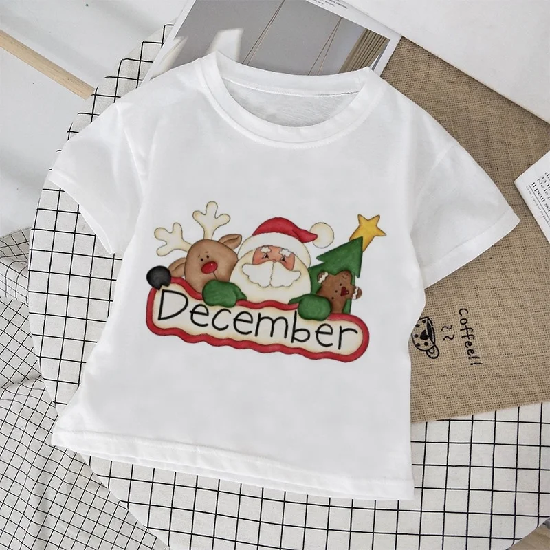 New Cartoon Print Christmas Girls T Shirt Leisure T-shirt Holiday Gift Children Boy Tshirt Kawaii Kids Top Fashion Xmas Gift