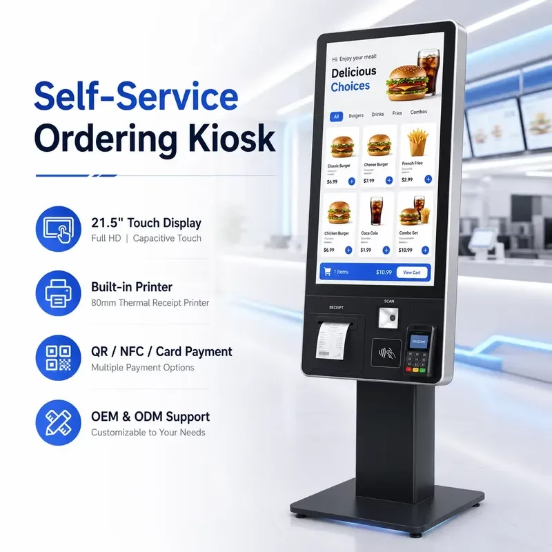 Custom Self Ordering Kiosk Terminal for Chain Restaurants Remote Menu Management Payment POS Core I5 Floor Standing