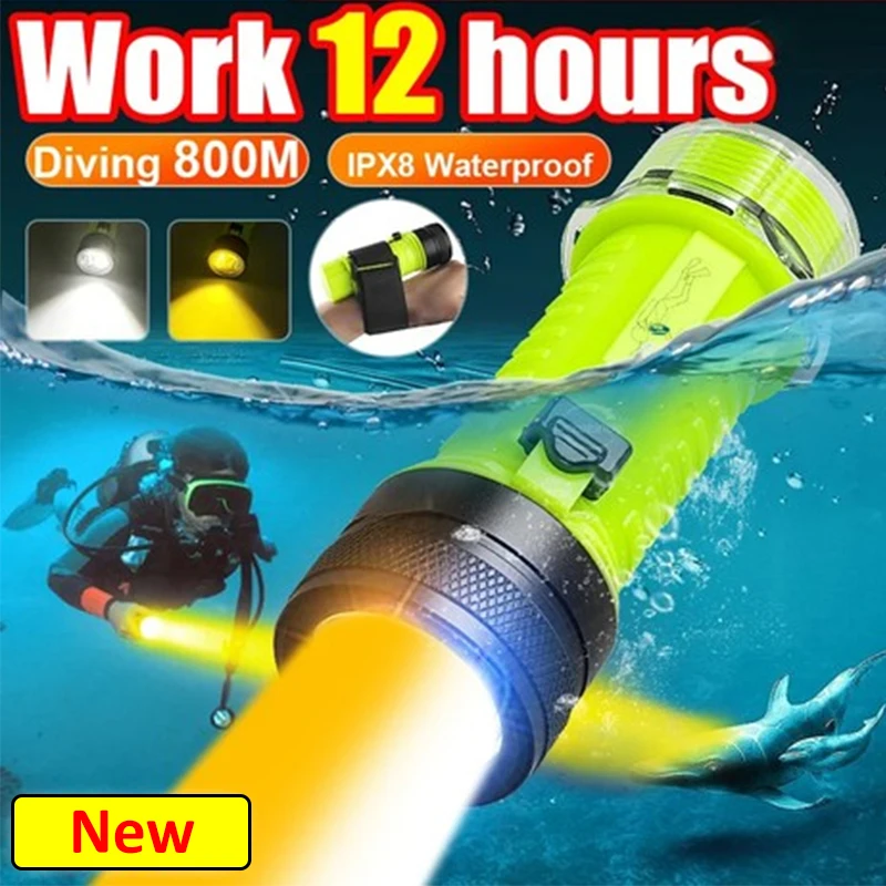 

Professional Diving Flashlight Rechargeable Underwater Torch with White & Yellow Light Modes Waterproof Dive Light for Diving
