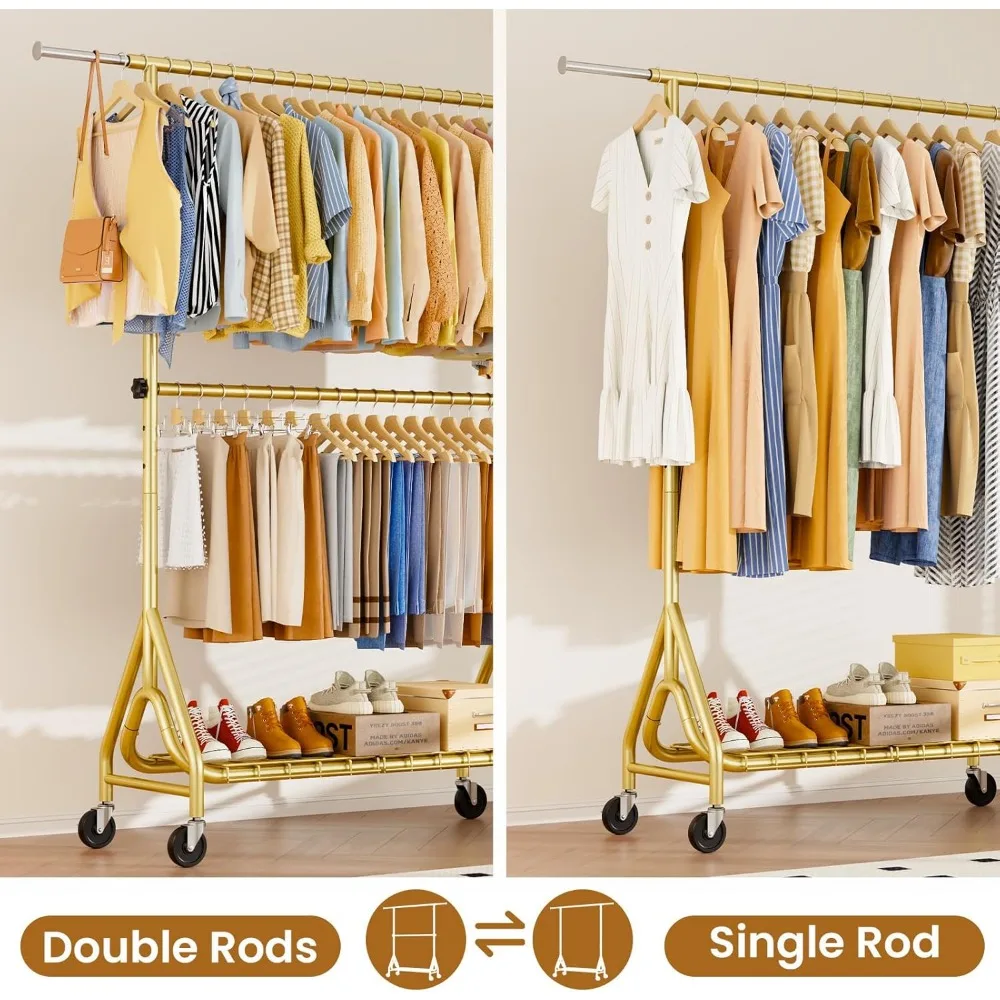 Double Rod Heavy Duty Rolling Metal Garment Rack with Lockable Wheels for Hanging Clothes, Durable Storage Solution