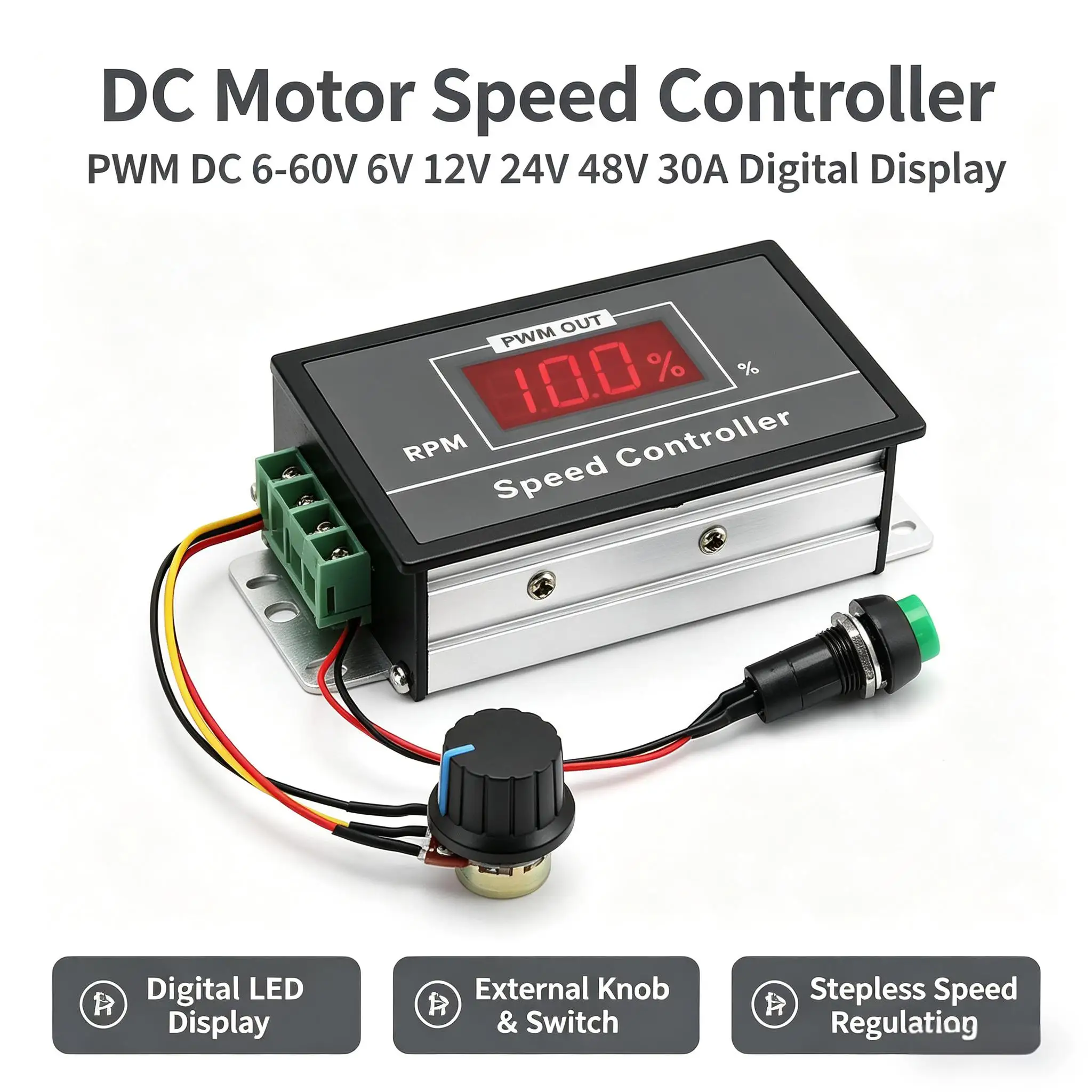 

Регулятор скорости двигателя постоянного тока PWM 30А 6-60В с кнопкой старт/стоп, 12В 24В 36В 48В, регулируемое управление напряжением для двигателей