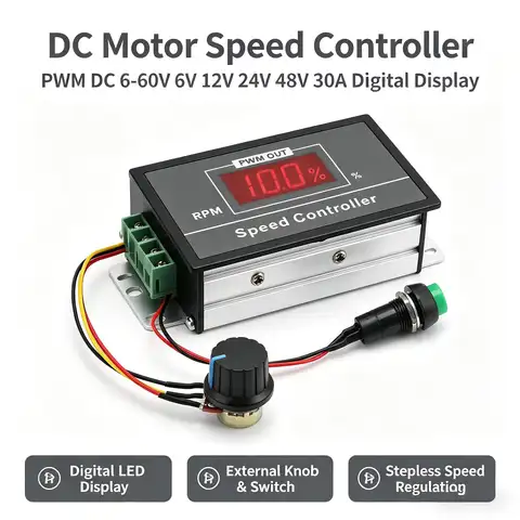 PWM DC Motor Speed Controller Regulator 30A 6-60V with Start Stop Switch 12V 24V 36V 48V Adjustable Voltage Control for Motors