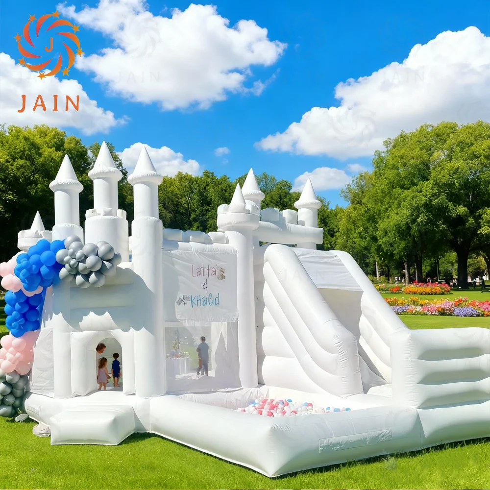 Inflatable Bounce House with Slide & Ball Pit White Princess Playhouse for Weddings Birthdays Backyard Parties Blower Included