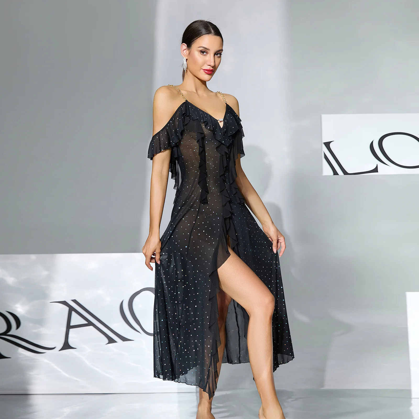 Ladies Sexy Chain Shoulder Strap Off-the-shoulder Nightdress Mesh Sequined Ruffle Edge Split Perspective Long Nightdress Cw79058