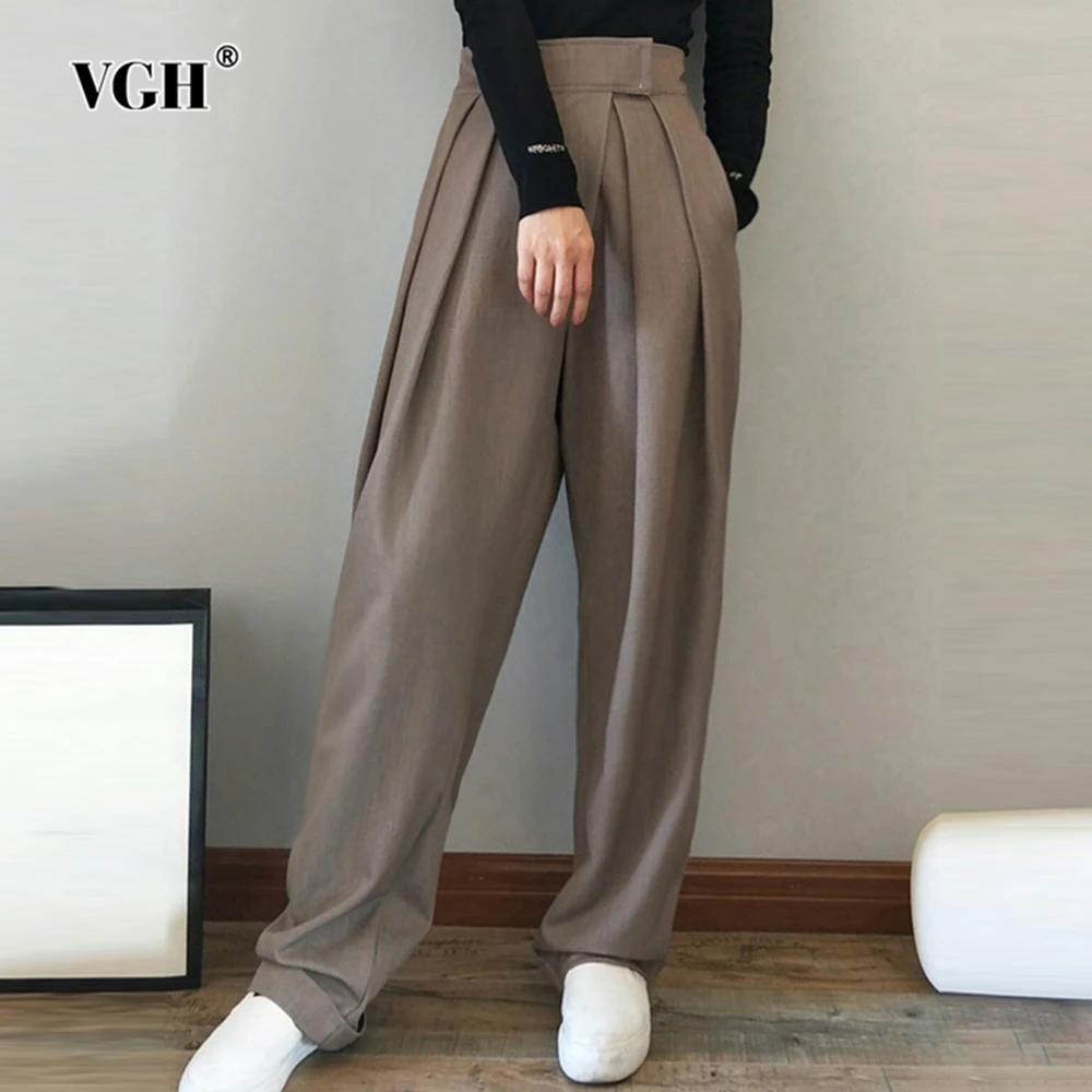 

VGH Solid Patchwork Pockets Casual Pants For Women Hight Waist Minimalist Designer Losse Folds Trousers Female Fashion Style New