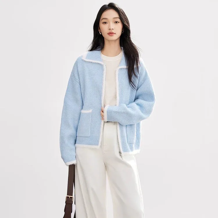 

Contrasting Sweater Jacket Women 2025 Autumn and Winter Clothes Women New Loose Thick Sweet Pocket Knitted Zipper Cardigan