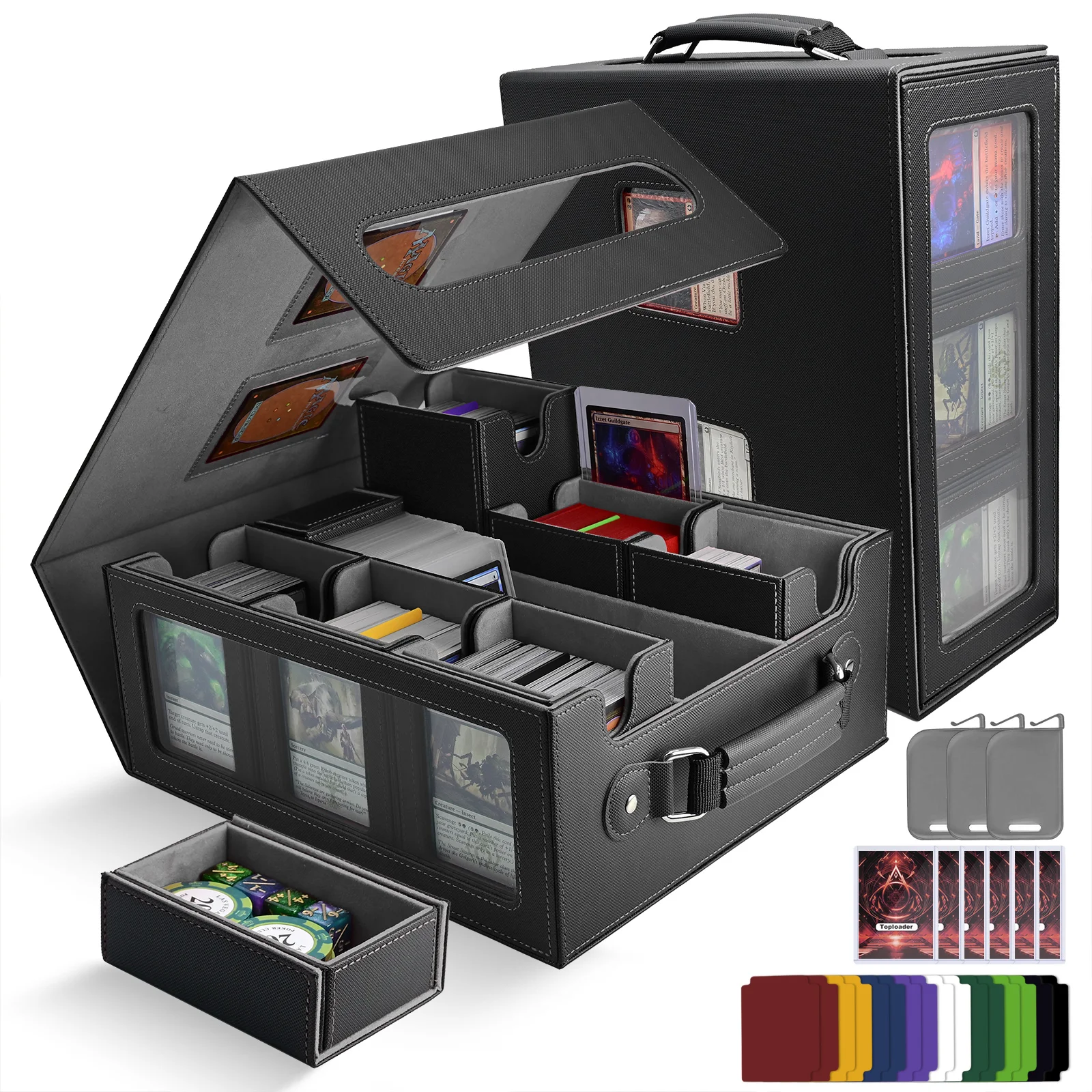 RyshePro Commander Deck Box met Handvat, Trading Card Opbergbox voor MTG TCG, 7-in-1 MTG Deck Box met 8 Toploaders en 2 Stoppers