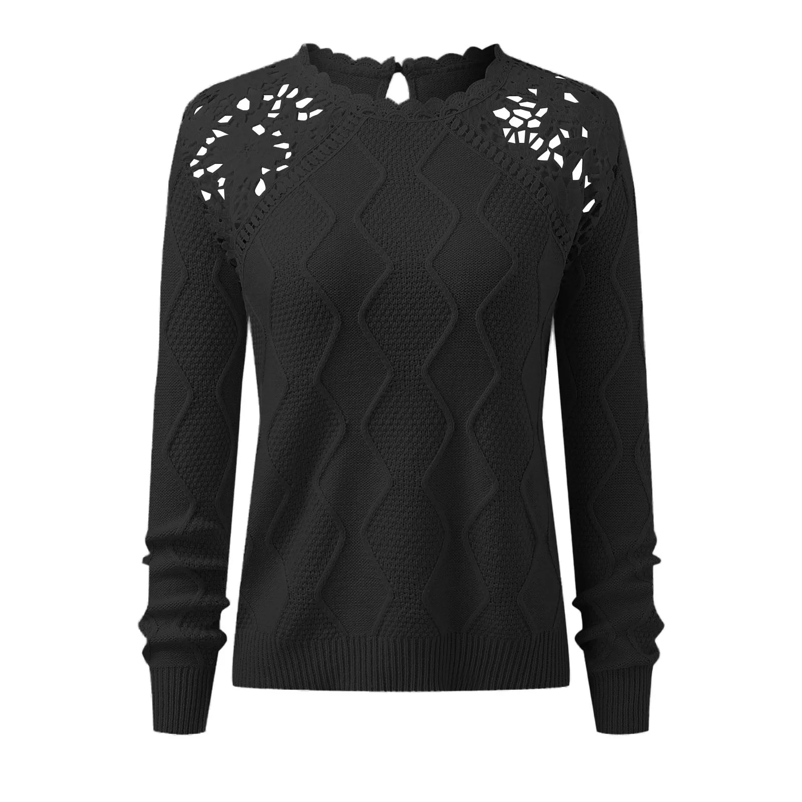 Elegant Lace Embroidered Hollow Knitting Sweater Women Casual Long Sleeve Solid Jumper Tops 2023 Fashion O-neck Loose Pullovers