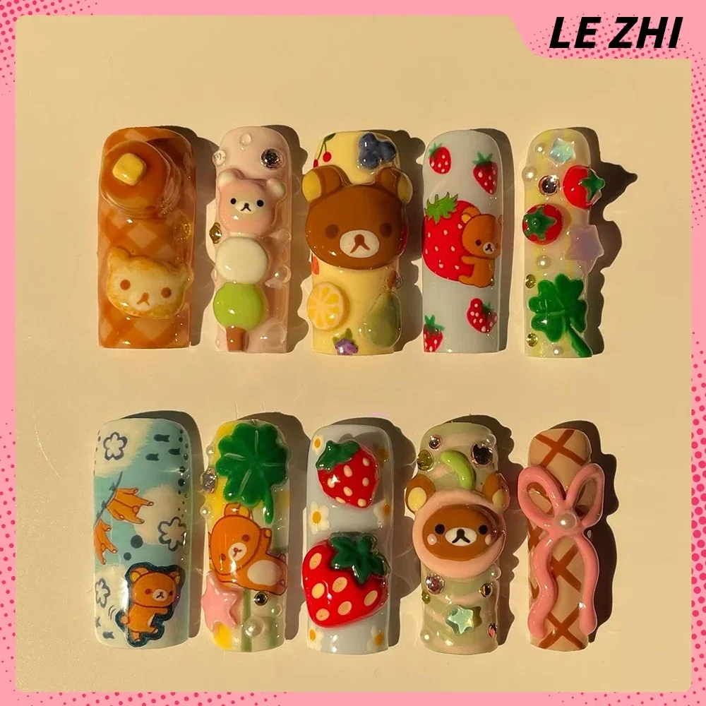 Cartoon Cute Rilakkuma Rabbit Handmande Square Almond Press On Nail Cream Strawberry Cookies Pearl Flower Fake Nail
