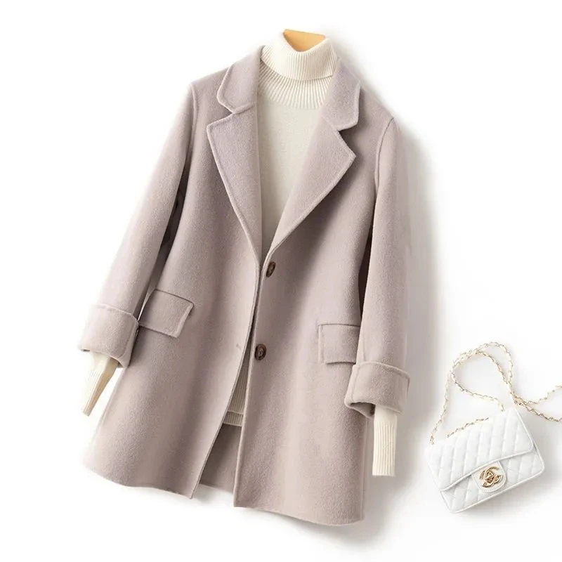 Manteau en laine pure pour femme, pardessus en cachemire fin, veste double face, col imbibé, vêtements d'extérieur pour femme, automne, hiver, 100%, 2025