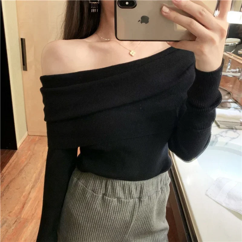 Sweaters Women Long Sleeve Sexy Knitted Pullover Y2k Tops Off Shoulder Luxury Birthday Party Dresses Korean Fashion New Slim