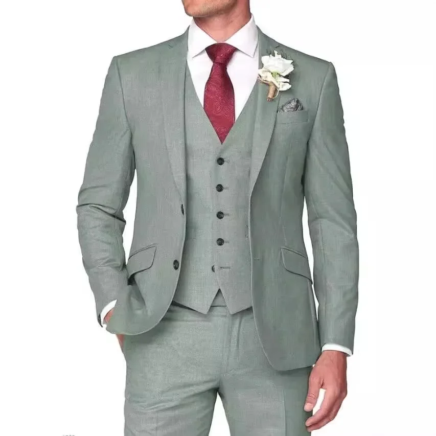 3 Piece Men\'s Retro Linen Men Suit Beach Wedding Suit Summer Slim Fit Linen Suit Groomsmen for Wedding(Blazer+Vest+Pants)