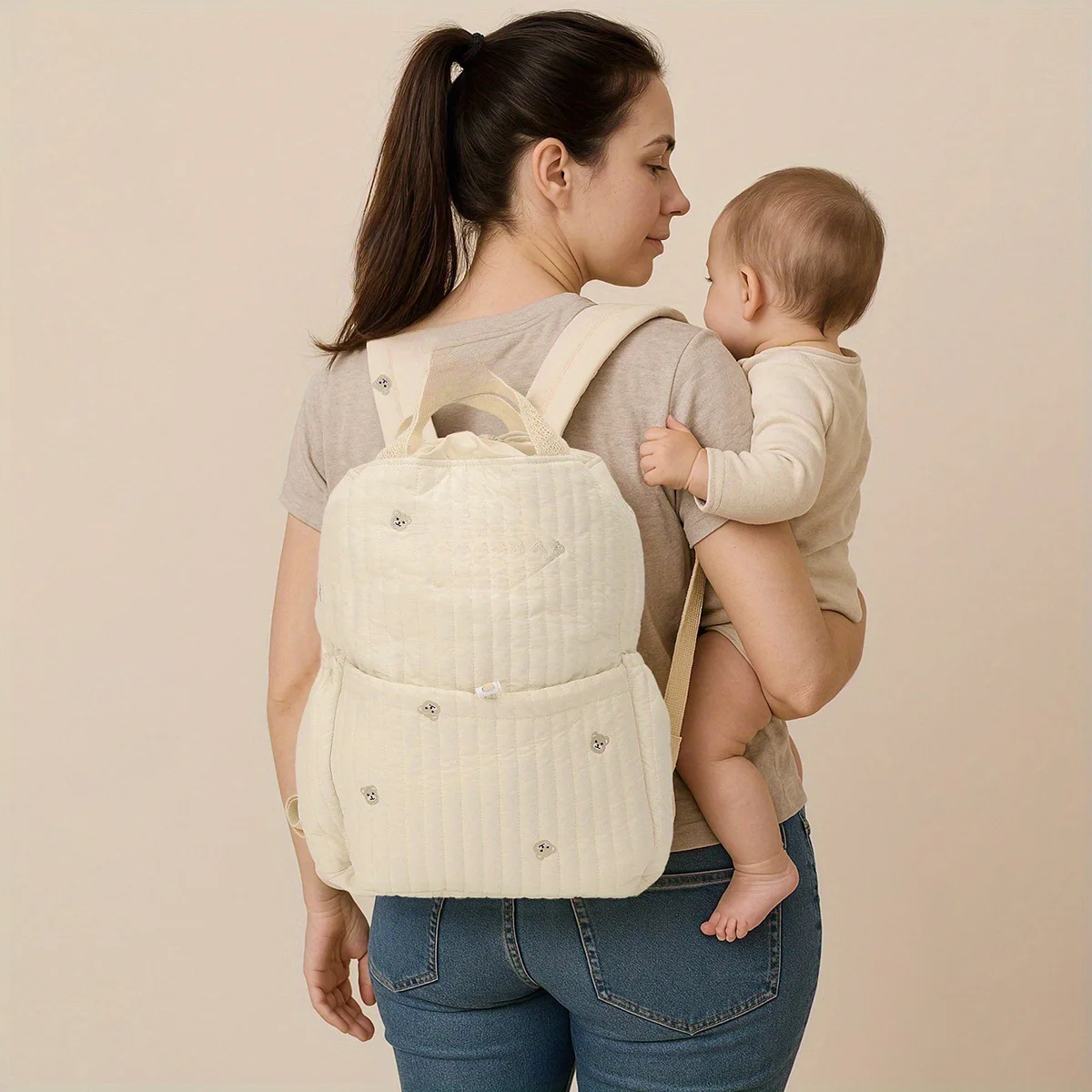 Little Bear Embroidered Baby Diaper Bag Lightweight Practical Mommy Bag Large Capacity Leisure Handbag for Travel Outdoor Gifts