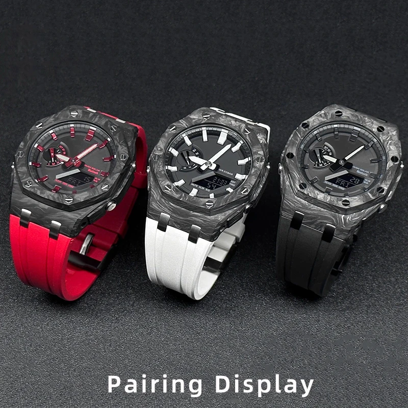 Upgrade Carbon Fiber Case Kit & Fluorine rubber Strap for Casioak GA-2100 2110 GAB2100 soft FKM band Men Replacement watch parts