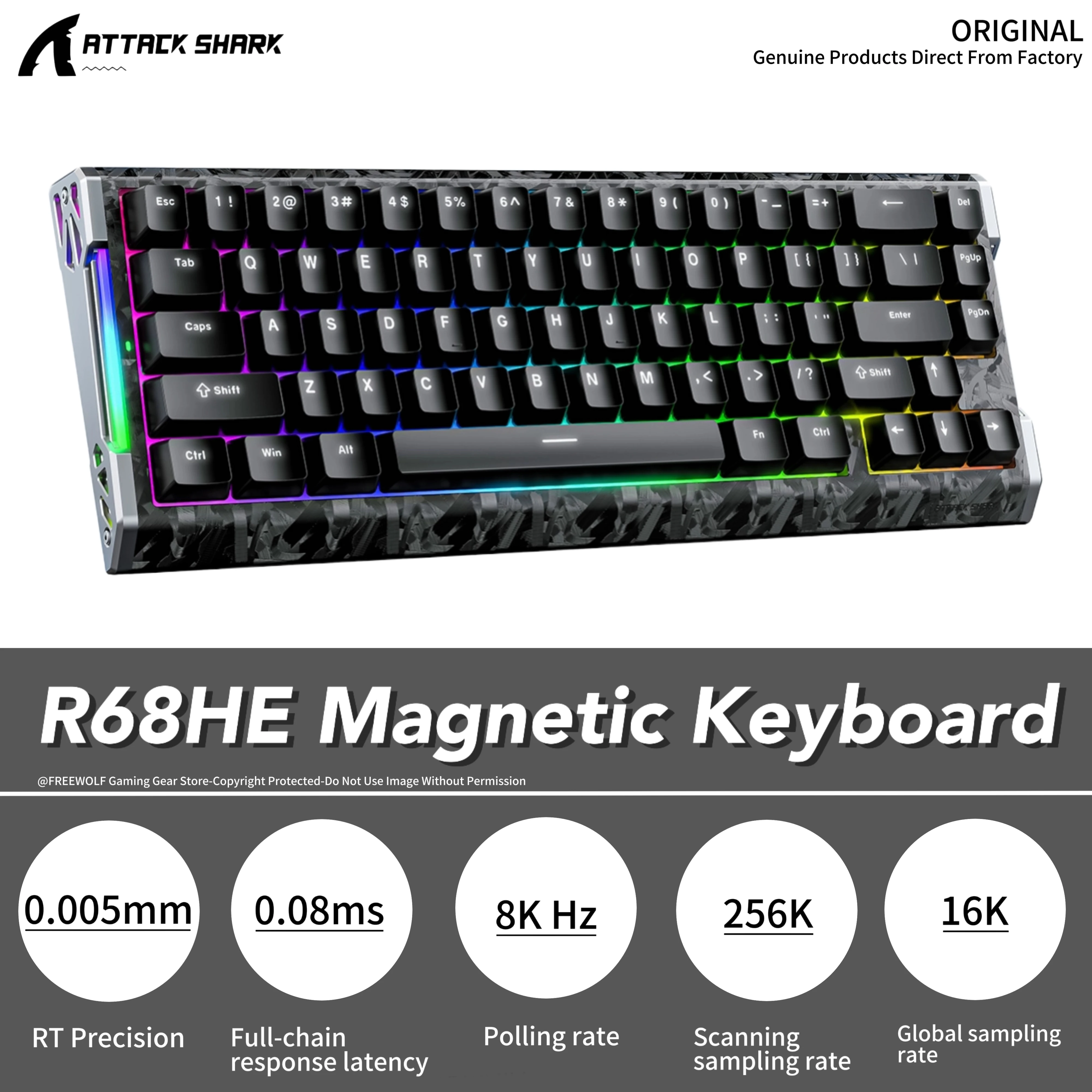 

Магнитная игровая клавиатура 68% Array R68HE Attack Shark с частотой опроса 8K Гц, полупрозрачная текстура, для Windows/Mac