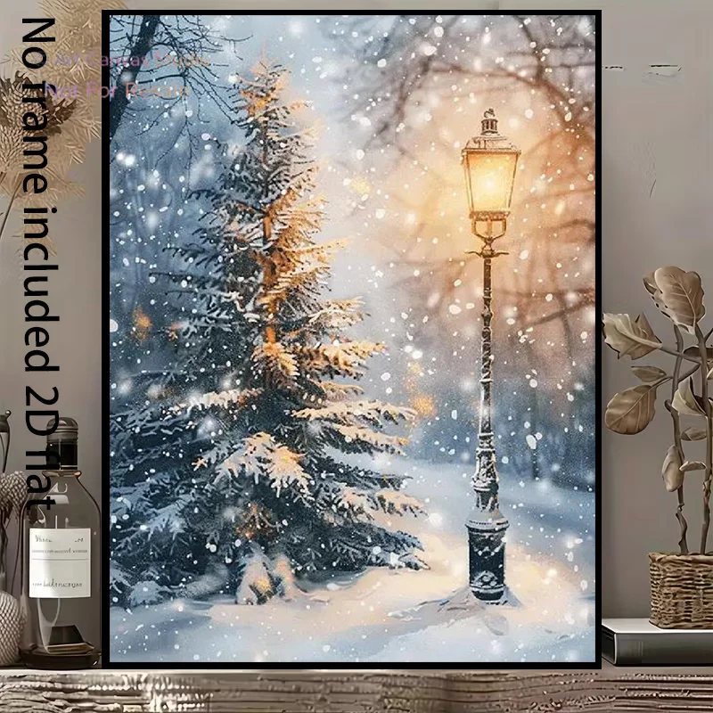 2D Flat, 2D Flat, A 2D Flat Canvas Painting Featuring a Warm Street Lamp And Pine Trees in a Winter Snow Scene, Creating a Tr