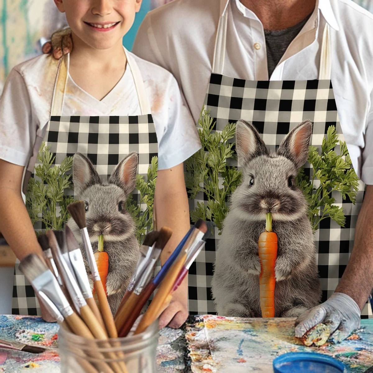 Cute Rabbit & Checkered Pattern Polyester Apron - Stylish Cooking & Art Craft Apron for Home Kitchen and Art Studio Use Aprons