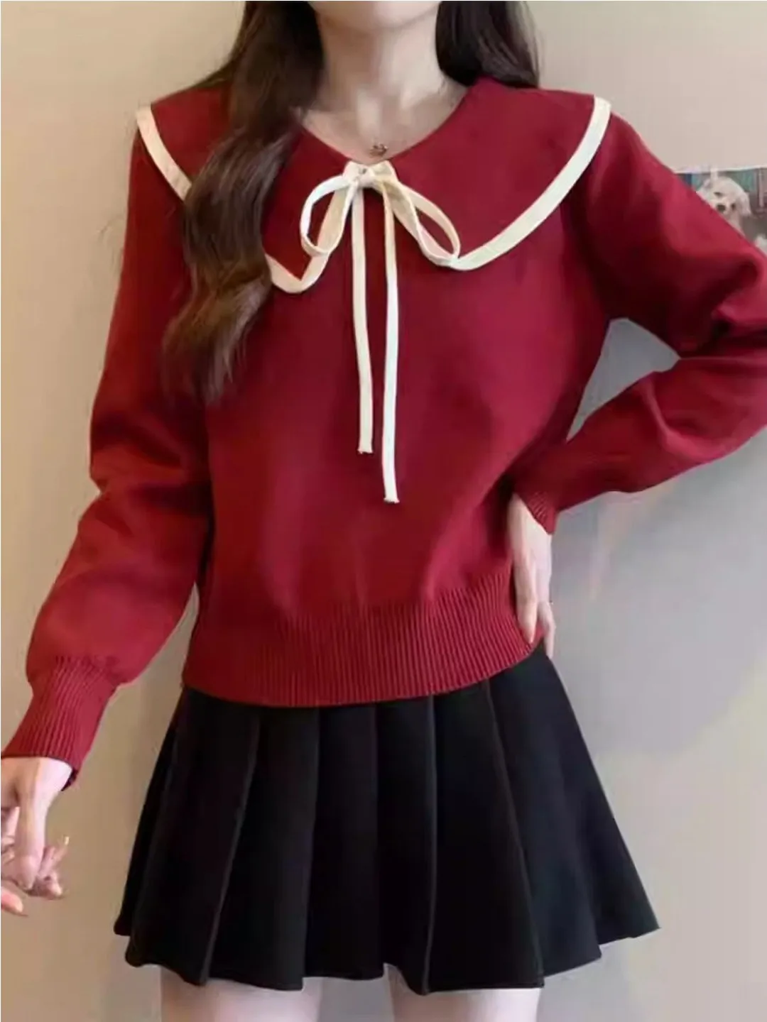 

Sweet Style Doll Collar Knitted Sweater Women's Base Layer Top in Red Fashionable Autumn Winter New Arrival Korean Version Sl...