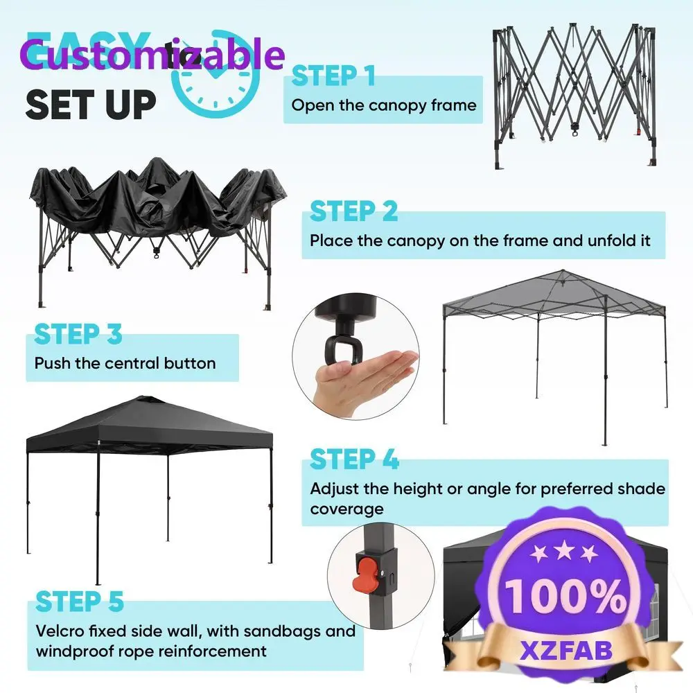 Factory Direct 2026 12x12 Pop Up Canopy Tent with 4 Sidewalls, Easy Set up with One Push Lift Gazebo with Wheel Bag and4 Sandbag