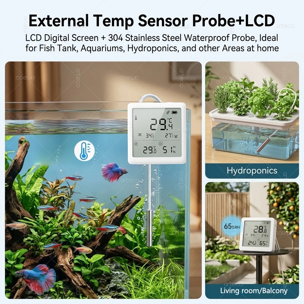 Zigbee External Probe Temperature Humidity Sensor With LCD Digital Screen Thermometer For Fish Tank Freezer Supports Zigbee2MQTT