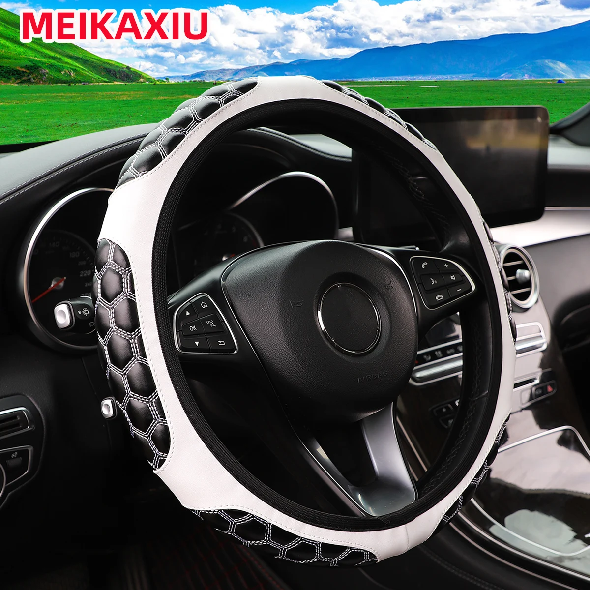 Black White Leather Hexagonal Embroidered Steering Wheel Cover Rimless Car Interior Accessory for 14-15 Inch Wheels view 2