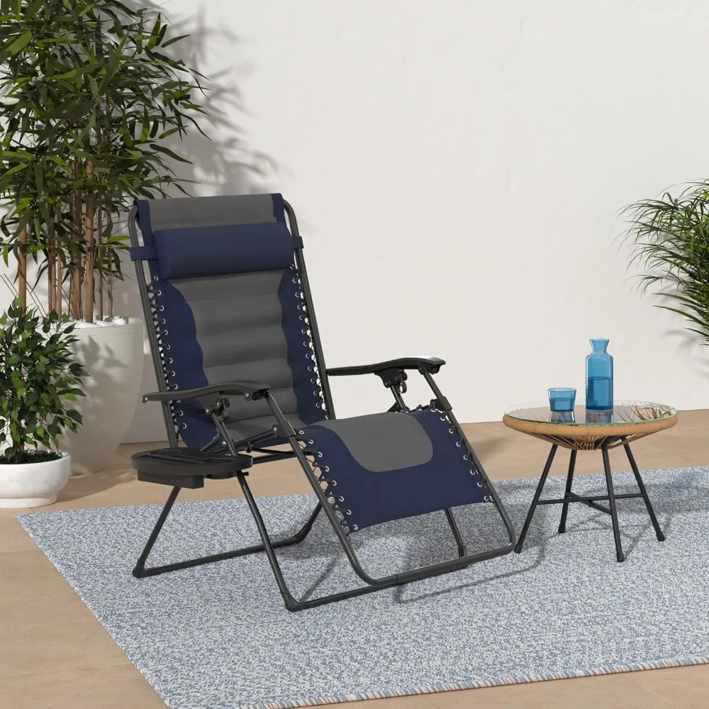 

"large cushioned zero gravity patio chair with folding feature and xl size, ideal for outdoor relaxation with headrest and cup h