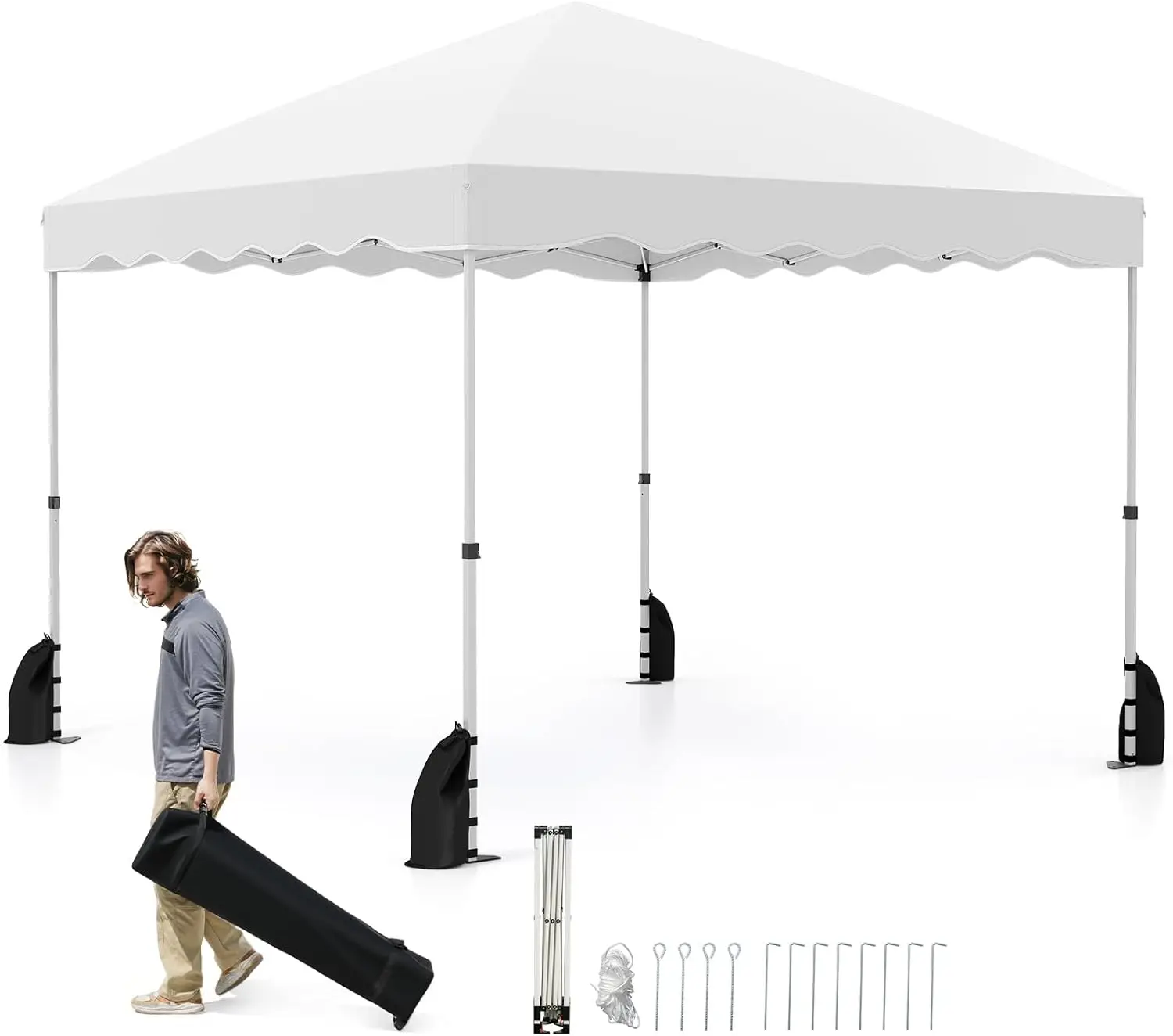 

10x10 FT Pop Up Canopy, Easy Up UPF50+ Outdoor Shade Canopy with Wheeled Bag, 8 Stakes, 4 Anchors, 4 Wind Ropes, 4 Sandbags,