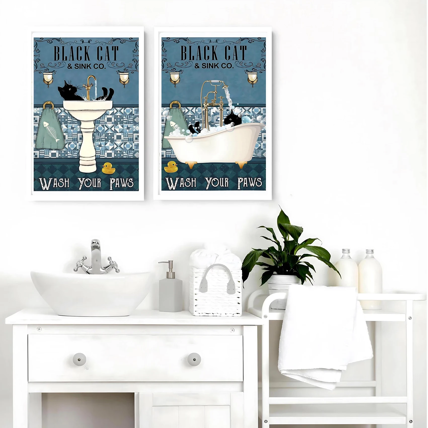

Black cat bath print print vintage cat bathroom wall art wash your paws black cat 2 piece set home decor black cat canvas poster