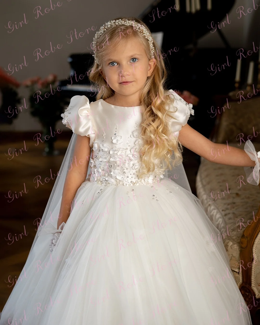 Elegant Flower Girl Dress For Wedding 3D Floral Puffy Tulle Floor Length Shawl Princess Communion Birthday Ball Gown Customized
