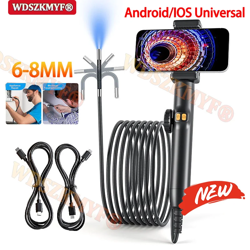 360°Rotation Sewer Camera 6/8mm Two-Way Endoscope Articulating Industrial Borescope Snake Camera with Light Support Android IOS