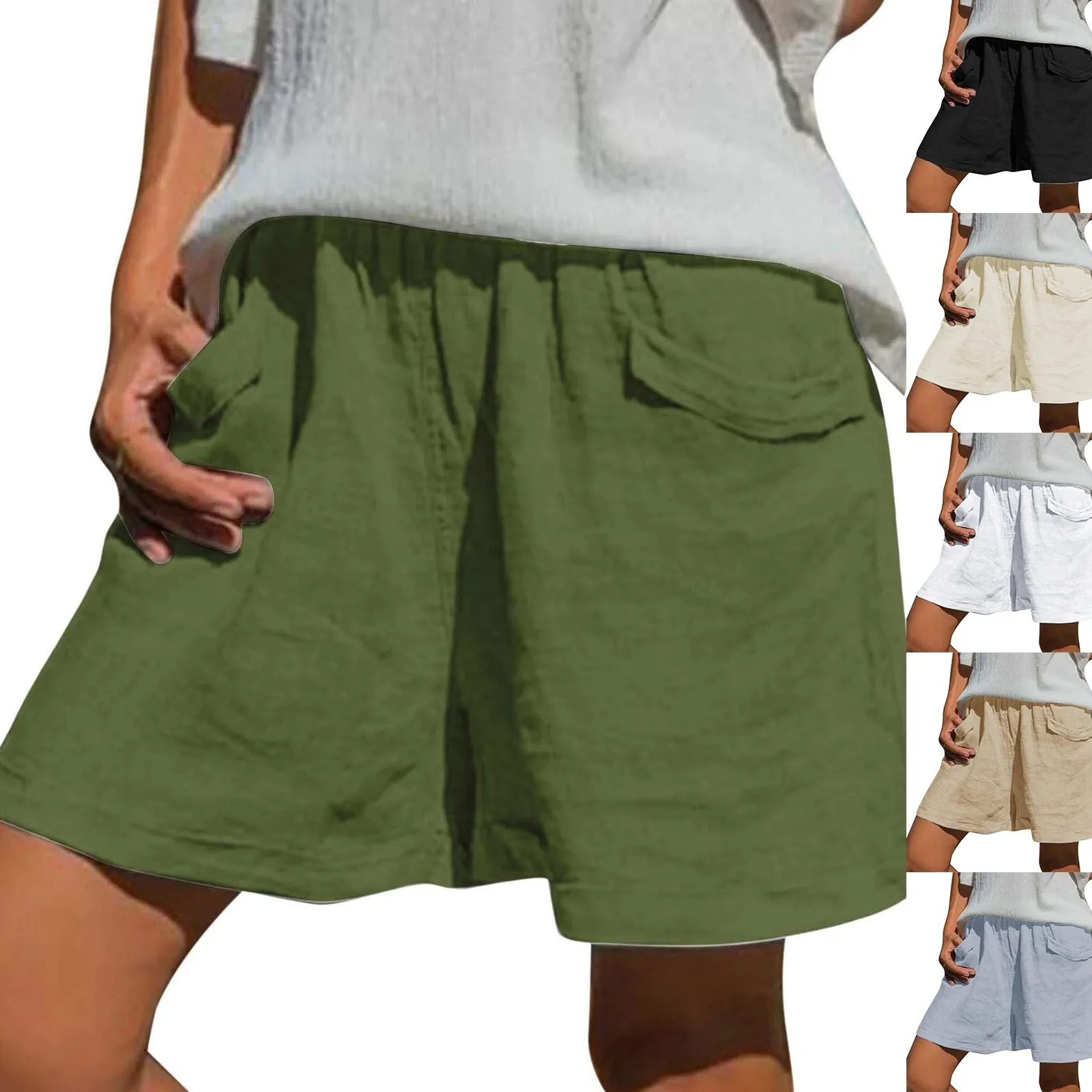 Women'S Summer Loose Casual Solid Color Elastic Waist Pocket Shorts Pantalones De Mujer Брючные комплекты Spodnie Damskie