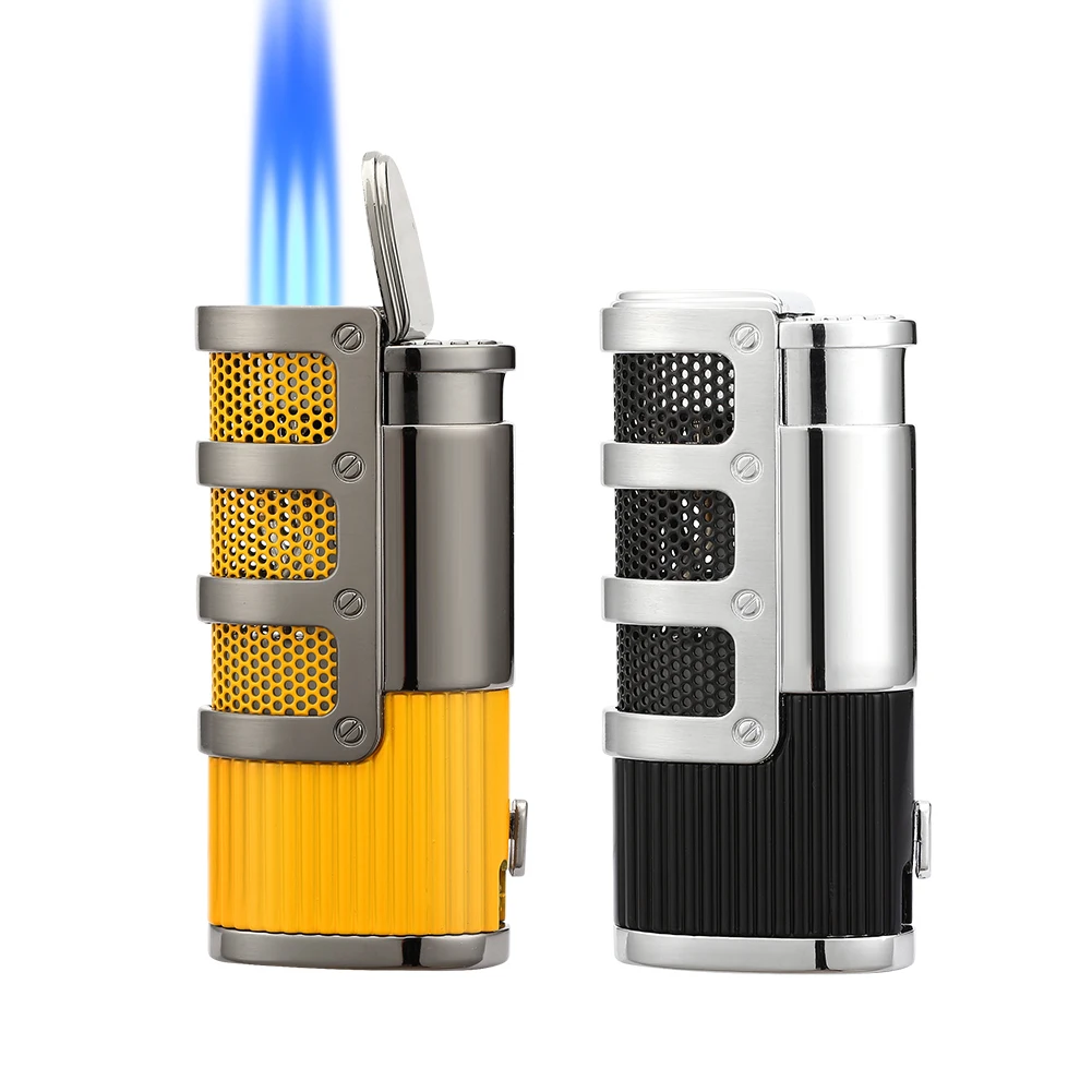 Luxury Cigar Lighter Refillable Butane Gas 3 Torch Jet Flame Windproof Smoking Lighter W/ Cutter Punch