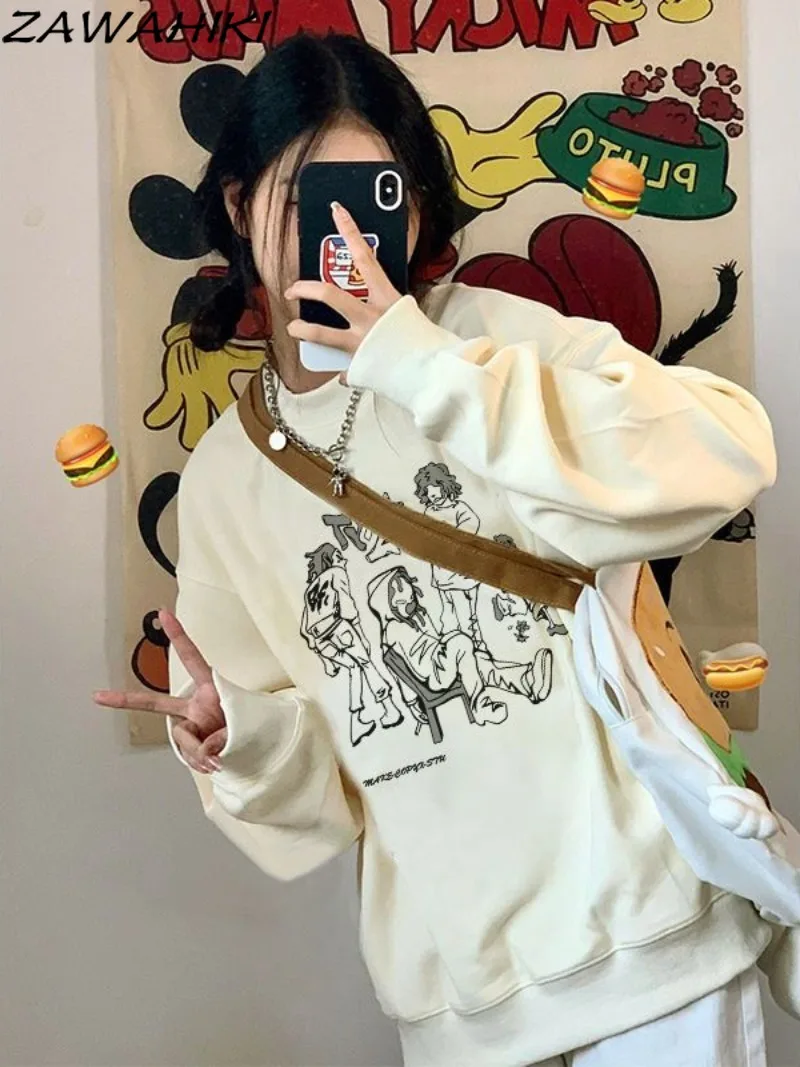 Zawahiki Sweatshirt Frauen japanische süße Brief Cartoon Print Mode lose alle passen lässig niedlichen O-Ausschnitt Streetwear Chic Tops