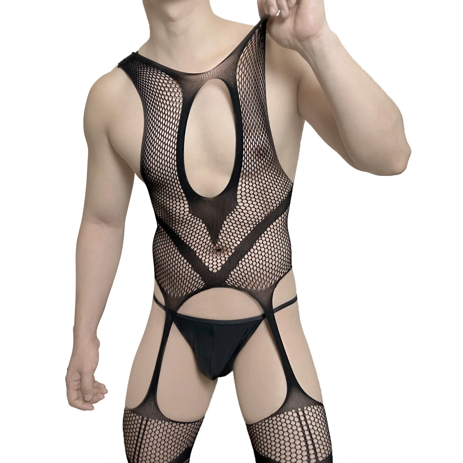 

Men's Women Sexy Sheer Mesh Lace Jumpsuit Briefs Set Men Ultra-Thin T-Back Lingerie Transparent Couple Stockings Tights Panties