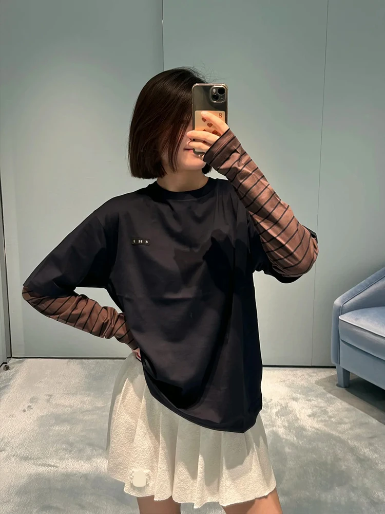 

Осень 2023, женская свободная длинная футболка Sve с надписью в полоску, основание, повседневная одежда для поездок на работу, хлопковая шелковая ткань